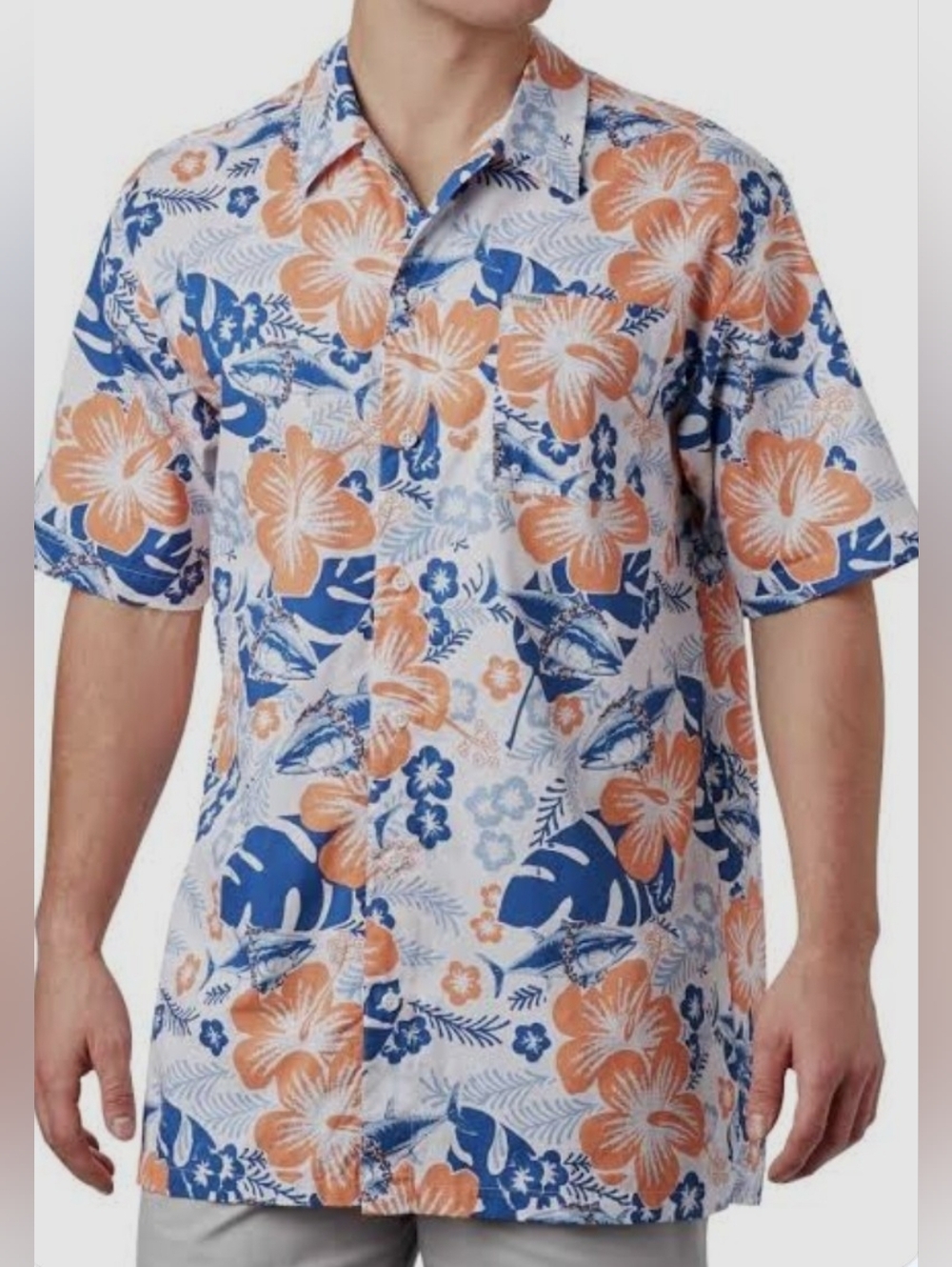 Columbia PFG Hawaiian Shirt Tropical Fishing Button Up Mens Blue Orange Floral
